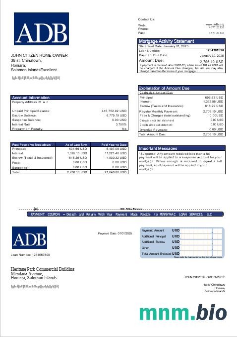 Wyspy Salomona ADB Bank wyciąg z kredytu hipotecznego w formatach Word i PDF
